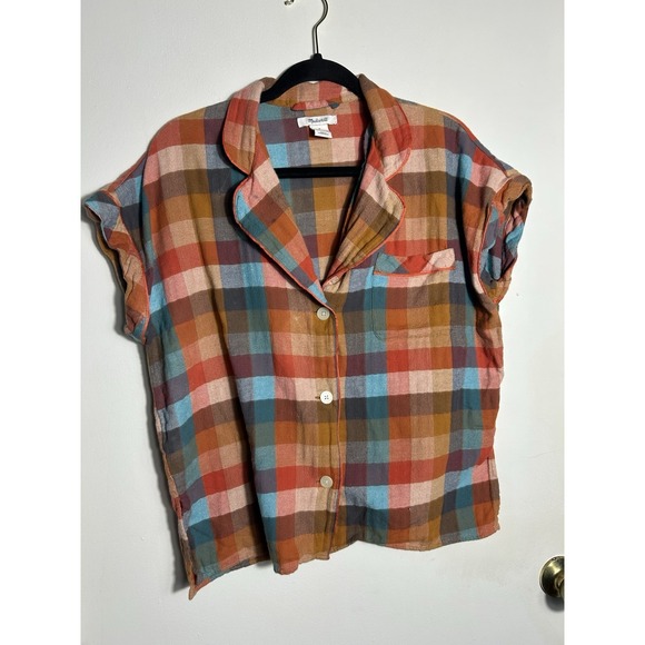 Madewell Plaid Flannel Pajama Top M Short Sleeve Button Up Multi Color Cotton - Picture 2 of 9